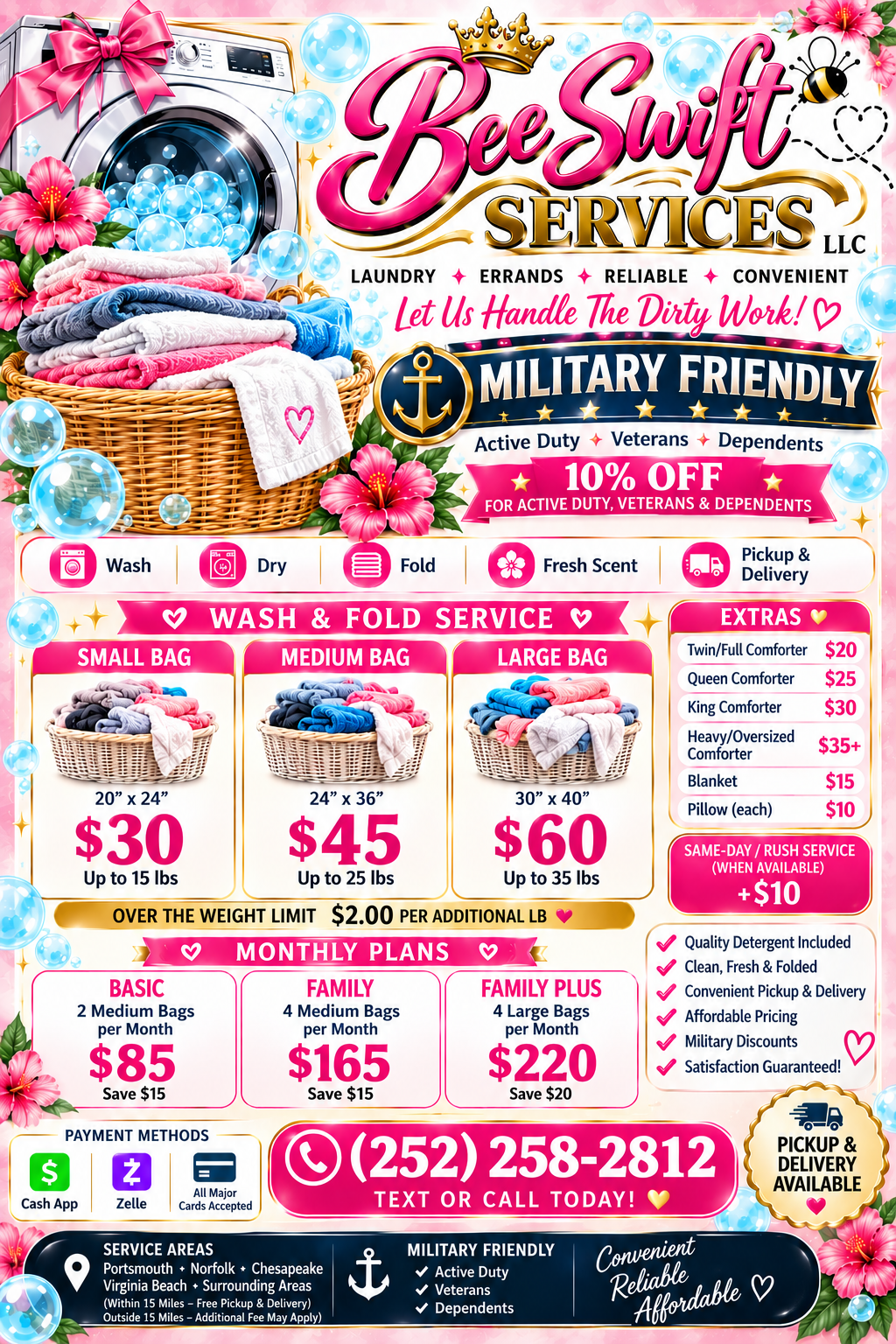 Bee Swift pink and gold branding with fresh folded towels and a laundry basket